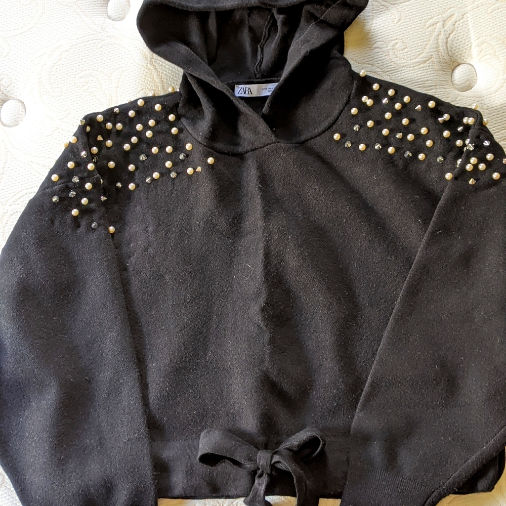 Zara pearl & spike studded crop hoodie